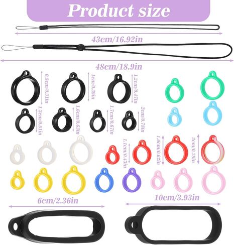 مجموعة 34 قطعة من الحبل المضاد للفقد تتضمن 9 حلقات مطاطية من السيليكون الأسود - 3 قطع حبال قابلة للتعديل، 4 حلقات مطاطية ملونة، حامل واقٍ للقلم الناعم لقلادة سلسلة المفاتيح in Kuwait