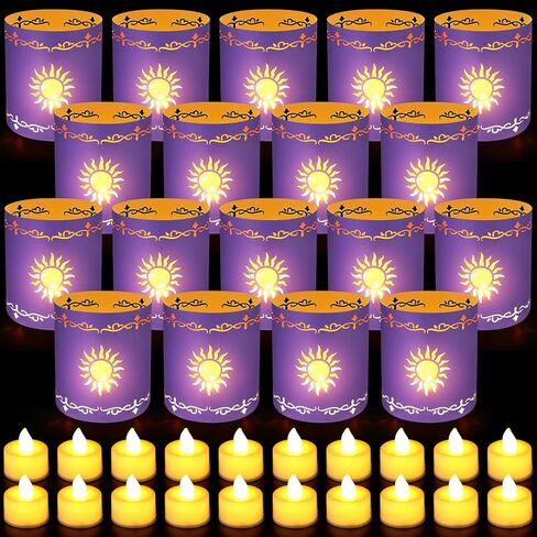 20 Set Princess Sun Paper Lanterns with LED Candles for Centerpieces Purple Sun LED Tealights with Paper Bags Battery Operation Cutout Round Decorations for Princess Wedding Birthday Party in Saudi Arabia