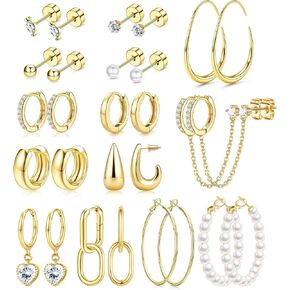 RIOSO 14 Pairs Small Stud Hoop Earrings Set for Women Gold Plated Hypoallergenic Multiple Piercing Stacks Huggie Hoops Pearl Dainty Lightweight Earring in Kuwait