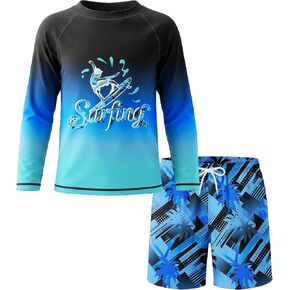 طقم ملابس سباحة للأولاد من قطعتين للحماية من الطفح الجلدي قميص بأكمام طويلة للأطفال مع سروال سباحة وسروال قصير طقم ملابس سباحة من 7 إلى 16 سنة in Kuwait
