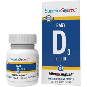 Superior Source Baby Vitamin D3 200 IU, Quick Dissolve Tablets, 100 Count, Promotes Strong Bones and Teeth, Immune Support, Healthy Muscle Function, Non-GMO in Kuwait