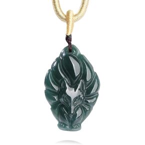 Real Green Jade Nine Tailed Fox Queen Pendant For Women Men Natural Healing Stone Lucky Jewelry Genuine Jadeite Amulet Protection with Adjustable Rope Bring Good Fortune Birthday Valentine's Day Gift in Saudi Arabia