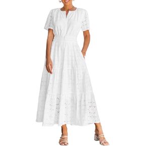 Summer Flowy Maxi Dresses for Women 2026 Spring Vacation Eyelet Lace Short Sleeve Wedding Guest Casual Boho Dresses in Saudi Arabia