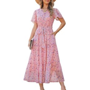 Annebouti فستان نسائي لربيع وصيف 2026 لحفلات الزفاف بحزام قابل للإزالة شيفون بأزرار أمامية أنيق ماكسي مع جيوب in Kuwait