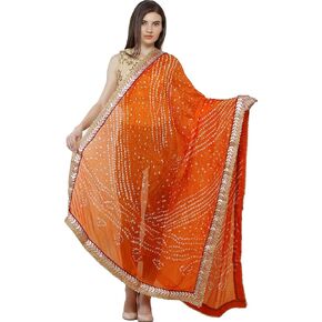 Exotic India Dupatta from Jodhpur with Tie-dye Print and Gota Border - Silk in Kuwait