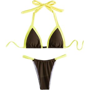Milumia Women's 2 Piece Halter Triangle Bikini Set Beaded Contrast Binding Thong Bathing Suits in Kuwait