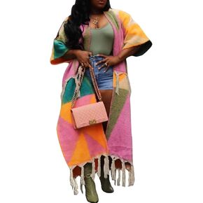 KANSOON Long Cardigans for Women Trendy Knit Sweater Color Block Fringes Open Front 3/4 Sleeve Maxi Tassels Coats in Saudi Arabia
