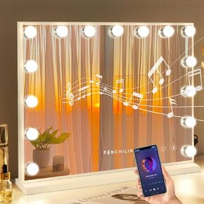 FENCHILIN Vanity Mirror with Lights and Bluetooth Speaker 22.8"x 18.1" Makeup Mirror Lighted Hollywood Mirror with 15 Dimmable LED Bulbs USB Charge Port, 3 Color Lighting Modes in Kuwait