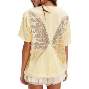 Women Butterfly Lace Short Sleeve Top Y2k Oversized Cut Out Solid Crew Neck T Shirts Summer Embroidered Tee in Kuwait