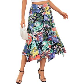 BAISHENGGT Womens Summer Casual Floral Flowy Skirts Elastic High Waisted Asymmetrical A-Line Draped Flared Midi Skirt in Kuwait