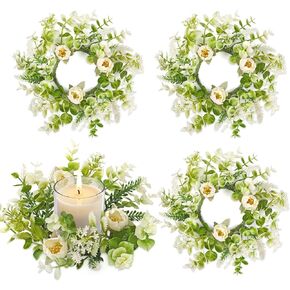 KHOYIME الأزهار حلقات شمعة إكليل 4PCS صغيرة الربيع الصيف الأبيض الزهور الاصطناعية اكاليل الزهور الخضراء للأعمدة، حامل شمعة صغيرة خزائن المطبخ الجدول المركزية حفل زفاف ديكور المزرعة in Kuwait