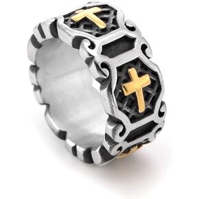 Cross Ring for Men,Stainless Steel Vintage Religion Silver & Gold Cross Ring Ornate Distressed Metal Band, Gothic Unisex christian Jewelry Size 8-12 in Kuwait