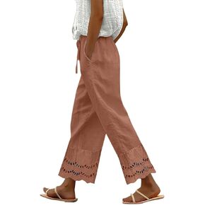 Women Linen Pants Wide Leg Capri Pants Drawstring Elastic Waist Gauze Boho Hollow Trousers Loose Summer Beach Outfit in Kuwait