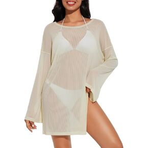 Women's Mesh Sheer Swimsuit Cover up Side Slit Tie Long Sleeve Beach Skirt Multi-Way Wear Bikini Swim Coverup in Kuwait