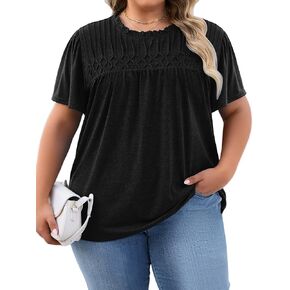 Anbech المرأة حجم كبير بلايز مطوي قصيرة الأكمام البلوزات للنساء أنيق عادية تي شيرت طاقم الرقبة سترة X-5X in Kuwait