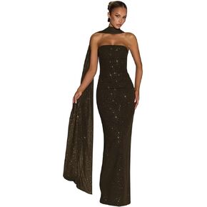 فساتين حفلة موسيقية لامعة للنساء مع وشاح طويل حورية البحر فستان ماكسي رسمي بدون حمالات فستان حفلات مسائية in Kuwait