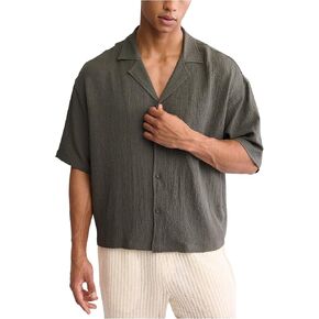 OYOANGLE Men's Oversized Cropped Button Down Shirts Casual Short Sleeve Solid Loose Shirts in Kuwait