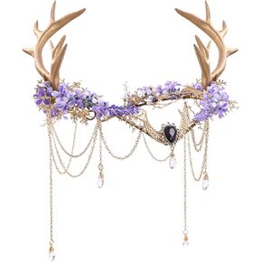 MOSTORY Woodland Fairy Antler Crown - Flower Deer Antler Elf Crown with Tassel for Renaissance Renfaire Women Fantasy Cosplay in Kuwait