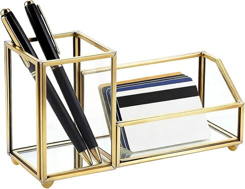 Gold Desk Organizer with Glass Business Card Holder, Geometric Pen & Pencil Cup with Dual Compartments for Office & Home Decor, Gold Trim, 6.29 x 2.36 x 3.54 in in Kuwait