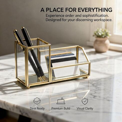 Gold Desk Organizer with Glass Business Card Holder, Geometric Pen & Pencil Cup with Dual Compartments for Office & Home Decor, Gold Trim, 6.29 x 2.36 x 3.54 in in Kuwait
