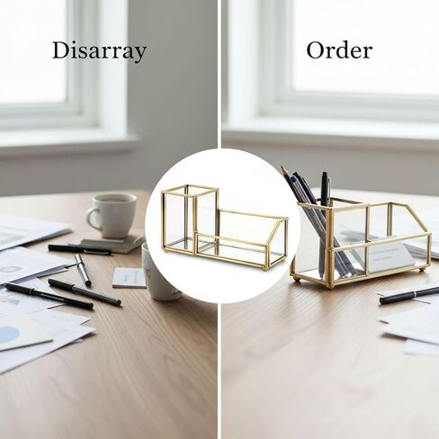 Gold Desk Organizer with Glass Business Card Holder, Geometric Pen & Pencil Cup with Dual Compartments for Office & Home Decor, Gold Trim, 6.29 x 2.36 x 3.54 in in Kuwait