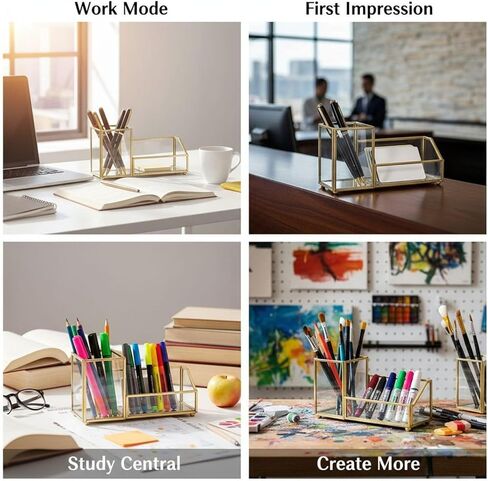 Gold Desk Organizer with Glass Business Card Holder, Geometric Pen & Pencil Cup with Dual Compartments for Office & Home Decor, Gold Trim, 6.29 x 2.36 x 3.54 in in Kuwait