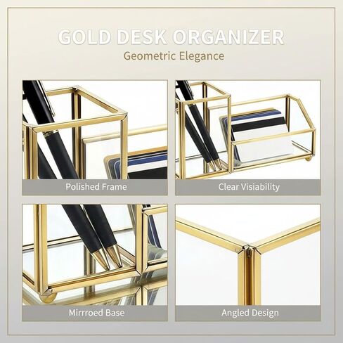 Gold Desk Organizer with Glass Business Card Holder, Geometric Pen & Pencil Cup with Dual Compartments for Office & Home Decor, Gold Trim, 6.29 x 2.36 x 3.54 in in Kuwait