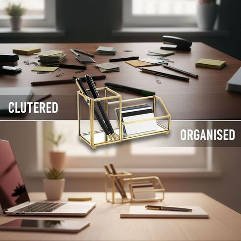 Gold Desk Organizer with Glass Business Card Holder, Geometric Pen & Pencil Cup with Dual Compartments for Office & Home Decor, Gold Trim, 6.29 x 2.36 x 3.54 in in Kuwait