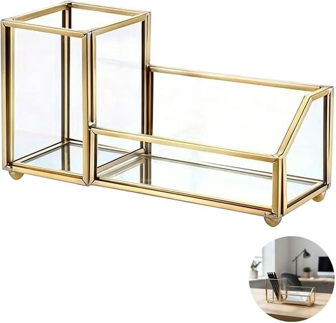Gold Desk Organizer with Glass Business Card Holder, Geometric Pen & Pencil Cup with Dual Compartments for Office & Home Decor, Gold Trim, 6.29 x 2.36 x 3.54 in in Kuwait