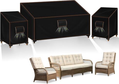 3 قطع من أغطية أثاث الفناء، أغطية كراسي خارجية مقاومة للماء 420D وغطاء للأريكة، تناسب الأريكة الخارجية ذات 3 مقاعد مقاس 79 بوصة عرض × 35 بوصة عمق × 33 بوصة ارتفاع وكراسي 32 بوصة عرض × 35 بوصة عمق × 33 بوصة ارتفاع، ثلاثية مقاومة للرياح ومضادة للأشعة فوق ال in Kuwait