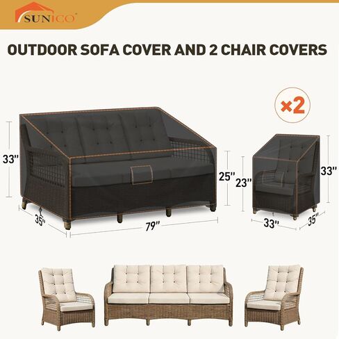 3 قطع من أغطية أثاث الفناء، أغطية كراسي خارجية مقاومة للماء 420D وغطاء للأريكة، تناسب الأريكة الخارجية ذات 3 مقاعد مقاس 79 بوصة عرض × 35 بوصة عمق × 33 بوصة ارتفاع وكراسي 32 بوصة عرض × 35 بوصة عمق × 33 بوصة ارتفاع، ثلاثية مقاومة للرياح ومضادة للأشعة فوق ال in Kuwait