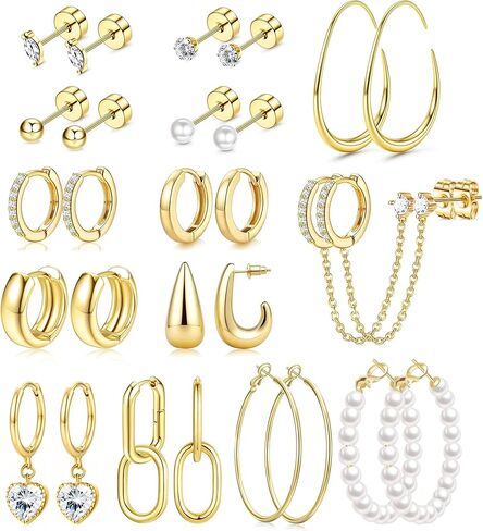 RIOSO 14 Pairs Small Stud Hoop Earrings Set for Women Gold Plated Hypoallergenic Multiple Piercing Stacks Huggie Hoops Pearl Dainty Lightweight Earring in Kuwait