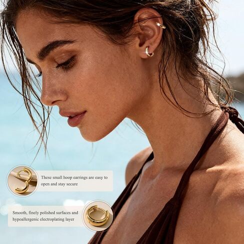 RIOSO 14 Pairs Small Stud Hoop Earrings Set for Women Gold Plated Hypoallergenic Multiple Piercing Stacks Huggie Hoops Pearl Dainty Lightweight Earring in Kuwait