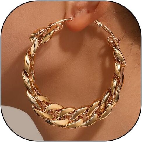 Chain Link Hoop Dangle Earrings for Women,Punk Statement Chunky Huggie Earrings Lightweight Wear, Fits Workdays, Friend Get-Togethers & Holiday Celebrations in Saudi Arabia