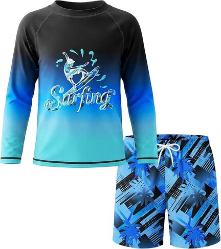 طقم ملابس سباحة للأولاد من قطعتين للحماية من الطفح الجلدي قميص بأكمام طويلة للأطفال مع سروال سباحة وسروال قصير طقم ملابس سباحة من 7 إلى 16 سنة in Kuwait