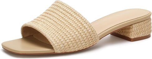VICKI·VICKI Women’s Raffia Slide Sandals, Low Heel Square Toe Open Toe Slip On Sandals for Women, Memory Foam Insole, Summer Vacation Casual Sandals in Saudi Arabia