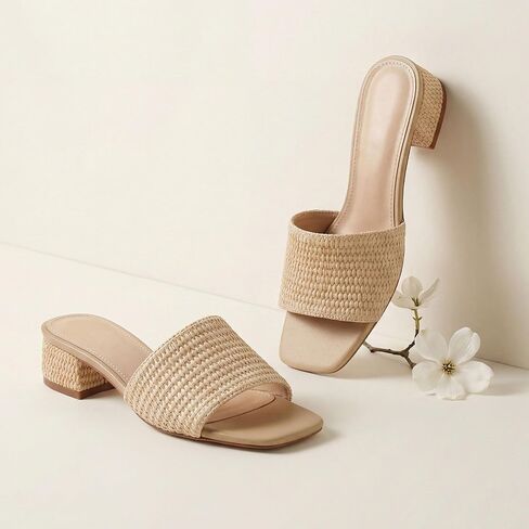 VICKI·VICKI Women’s Raffia Slide Sandals, Low Heel Square Toe Open Toe Slip On Sandals for Women, Memory Foam Insole, Summer Vacation Casual Sandals in Saudi Arabia