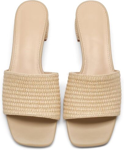 VICKI·VICKI Women’s Raffia Slide Sandals, Low Heel Square Toe Open Toe Slip On Sandals for Women, Memory Foam Insole, Summer Vacation Casual Sandals in Saudi Arabia
