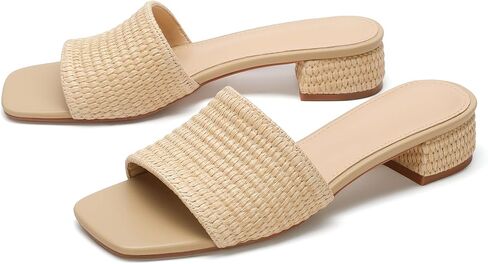 VICKI·VICKI Women’s Raffia Slide Sandals, Low Heel Square Toe Open Toe Slip On Sandals for Women, Memory Foam Insole, Summer Vacation Casual Sandals in Saudi Arabia