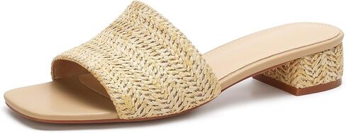 VICKI·VICKI Women’s Raffia Slide Sandals, Low Heel Square Toe Open Toe Slip On Sandals for Women, Memory Foam Insole, Summer Vacation Casual Sandals in Saudi Arabia