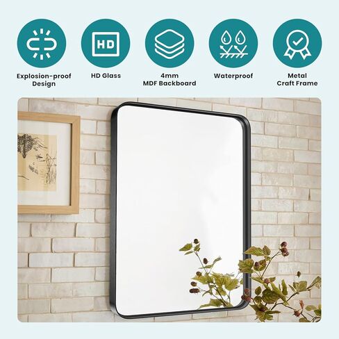 مرآة حمام نيوبوليج للجدار، مرآة مستطيلة مقاس 30 × 22 بوصة، مرآة زينة للحمام بإطار معدني أسود غير لامع لمزرعة الحمام، مضادة للصدأ، زجاج مقسى، معلقة أفقيًا أو رأسيًا in Kuwait