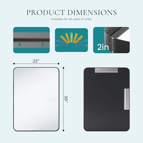 مرآة حمام نيوبوليج للجدار، مرآة مستطيلة مقاس 30 × 22 بوصة، مرآة زينة للحمام بإطار معدني أسود غير لامع لمزرعة الحمام، مضادة للصدأ، زجاج مقسى، معلقة أفقيًا أو رأسيًا in Kuwait