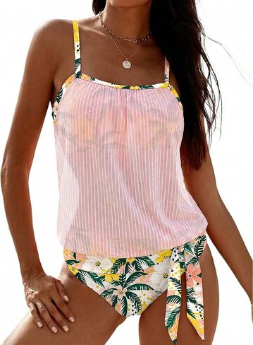 SHESHOW Tankini Swimsuits for Women Scoop Neck Two Piece Bathing Suits Tropical Flower Print Women's Swimwear S-XXL in Saudi Arabia