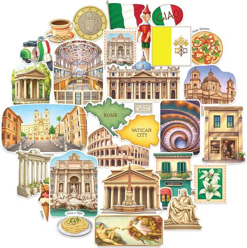 Navy Peony Historical Rome Travel Stickers (28pcs) - Gouache Style, Waterproof, Italy Roman Vatican-Themed Vacation Decals for Scrapbooks, Waterbottle in Saudi Arabia