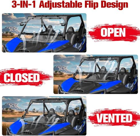 Flip Windshield for Kawasaki Teryx KRX, 3-In-1 Scratch Resistant Front Full Windshield Polycarbonate Windscreen for Kawasaki Teryx KRX KRX4 1000 2020-2025 Accessories, Multi-Stage Design in Kuwait