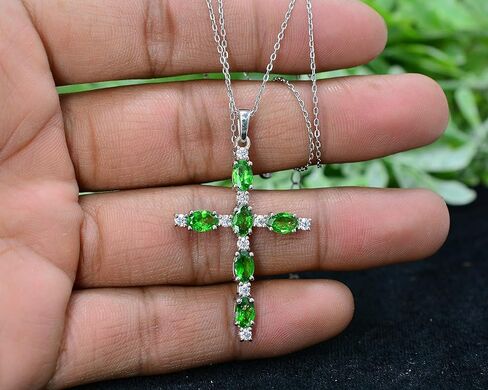 January Birthstone Natural Tsavorite Green Garnet 6X4 MM Oval Cut Gemstone Holy Cross Pendant Necklace 925 Sterling Silver Tsavorite Jewelry Birthday Gift For Girlfriend (PD-8416) in Saudi Arabia