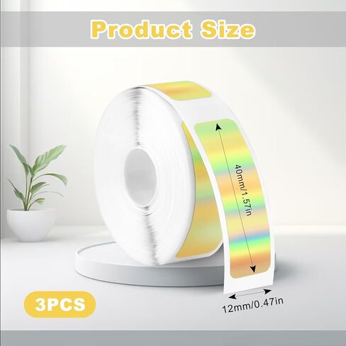 D30 Label Tape, 3 Rolls Label Print Paper, 12mm x 40mm 480Pcs Self-Adhesive Sticker Thermal Paper, Waterproof Label Maker Tape for Office Household Supplies (Holographic Purple Green Yellow) in Saudi Arabia