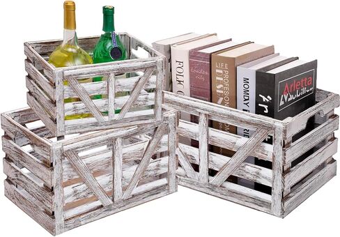 Wooden Crate Set of 3 Nesting Wooden Storage Crates for Storage,Farmhouse Decorative Storage Boxes with Cutout Handle for Home Organization,Display & Decor-White (Large Medium Small) in Saudi Arabia