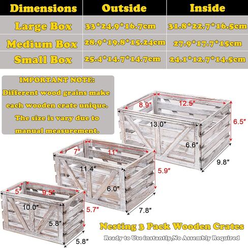Wooden Crate Set of 3 Nesting Wooden Storage Crates for Storage,Farmhouse Decorative Storage Boxes with Cutout Handle for Home Organization,Display & Decor-White (Large Medium Small) in Saudi Arabia