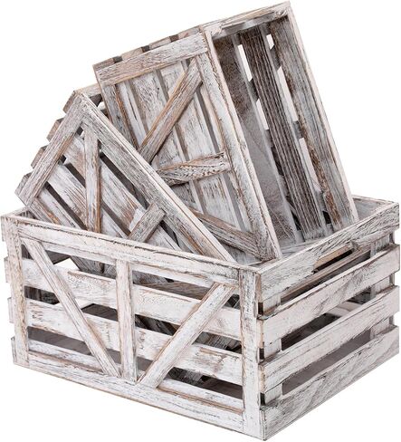 Wooden Crate Set of 3 Nesting Wooden Storage Crates for Storage,Farmhouse Decorative Storage Boxes with Cutout Handle for Home Organization,Display & Decor-White (Large Medium Small) in Saudi Arabia